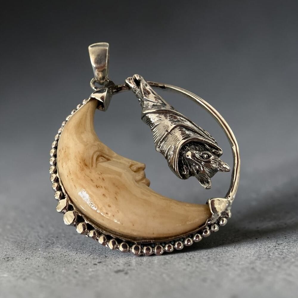 Sterling Silver Bat Moon Pendant Carved Tea Bone Gothic